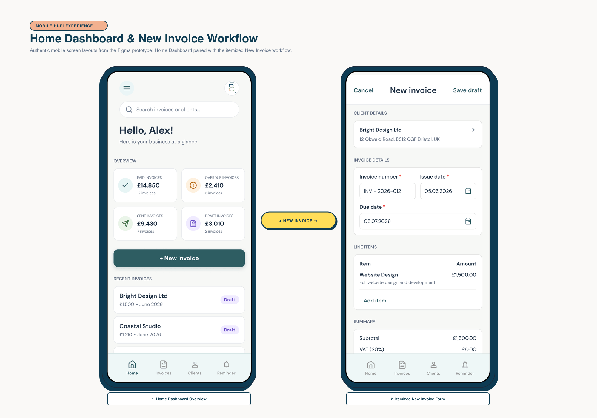 Dual Hi-Fi Prototype: Home Dashboard & New Invoice Flow