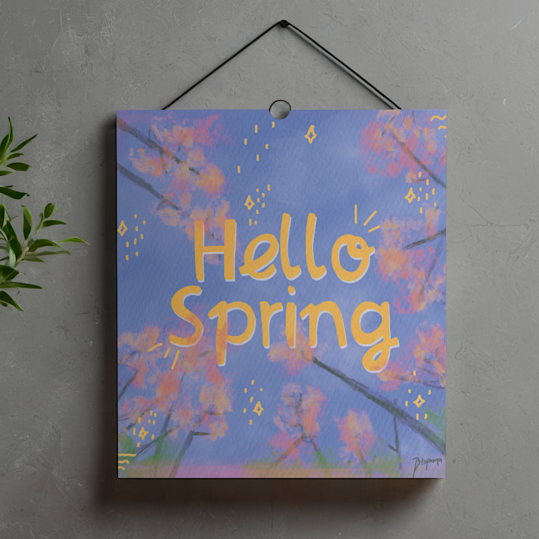 Hello Spring Cherry Blossom Canvas Hanging